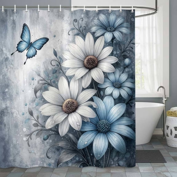 Rustic Farmhouse Shower Curtain, Blue Daisy Floral with Butterfly Bathroom Decor, Watercolor Art Shower Curtain, Waterproof Polyester Fabric with 12 Hooks, 47x64 Inches