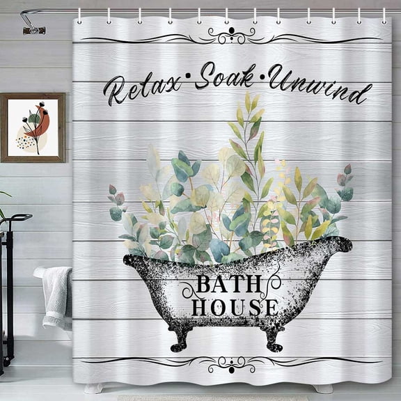Rustic Farmhouse Shower Curtain, Botanical Sage Green Eucalyptus Leaves on Vintage Wooden Board Bathtub Bath Curtains, Polyester Waterproof Fabric Bathroom Curtain with Hooks 72 x 72