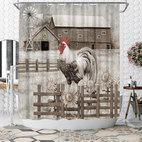 Rustic Farmhouse Shower Curtain Chicken Shower Curtain Country Bathroom Decor Polyester Fabric-72"W x 72"L (Pack of 1)