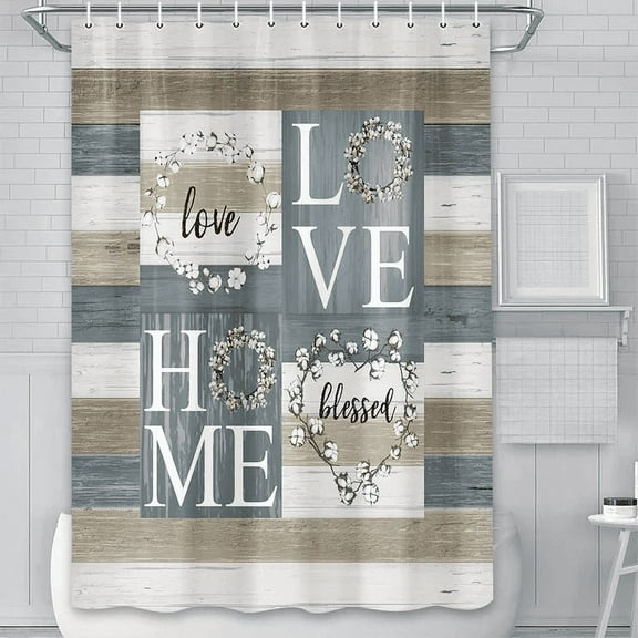 Rustic Farmhouse Shower Curtain, Cotton Flower Shower Curtains, Country Love Home Wooden Barn Door Decor Waterproof Fabric Bath Curtains Set with Hooks,60x70IN