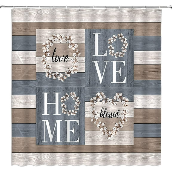 Rustic Farmhouse Shower Curtain Cotton Vintage Country Wooden Barn Plank Love Home Fabric Bathroom Decor Set with Hooks(36" Wx70 H)