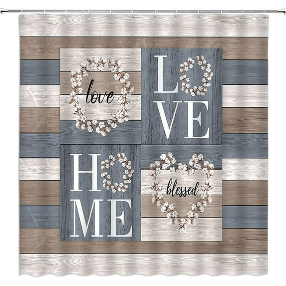 Rustic Farmhouse Shower Curtain Cotton Vintage Country Wooden Barn Plank Love Home Fabric Bathroom Decor Set with Hooks(70" Wx84 H)