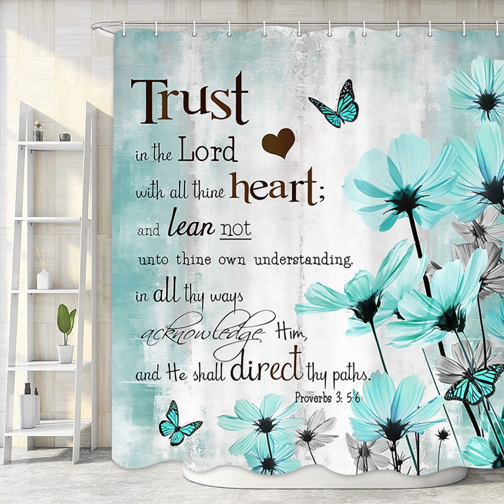 Rustic Farmhouse Shower Curtain, Elegant Floral Turquoise Teal Blue