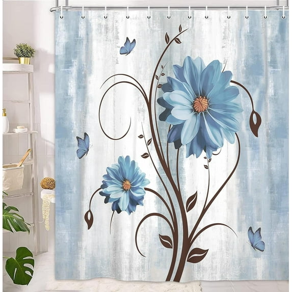 Rustic Farmhouse Shower Curtain, Farm Blue Daisy Floral Flowers and Butterfly on Country Waterproof Fabric Bathroom Curtains, Vintage Blue Flower Bathroom Shower Curtain with 12PCS Hooks, 60X70IN