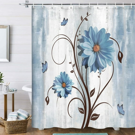 Rustic Farmhouse Shower Curtain, Farm Blue Daisy Floral Flowers and Butterfly on Country Waterproof Fabric Bathroom Curtains, Vintage Blue Flower Bathroom Shower Curtain with 12PCS Hooks, 70X70IN