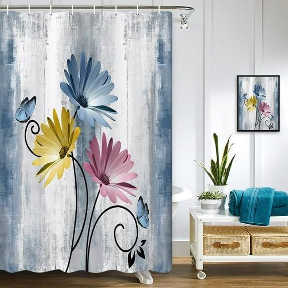 Rustic Farmhouse Shower Curtain, Farm Blue Daisy Floral Flowers and Butterfly on Country Wooden Shower Curtain for Bathroom, Turquoise Pink Yellow Bathroom Shower Curtains with 6PCS Hooks, 36X72IN