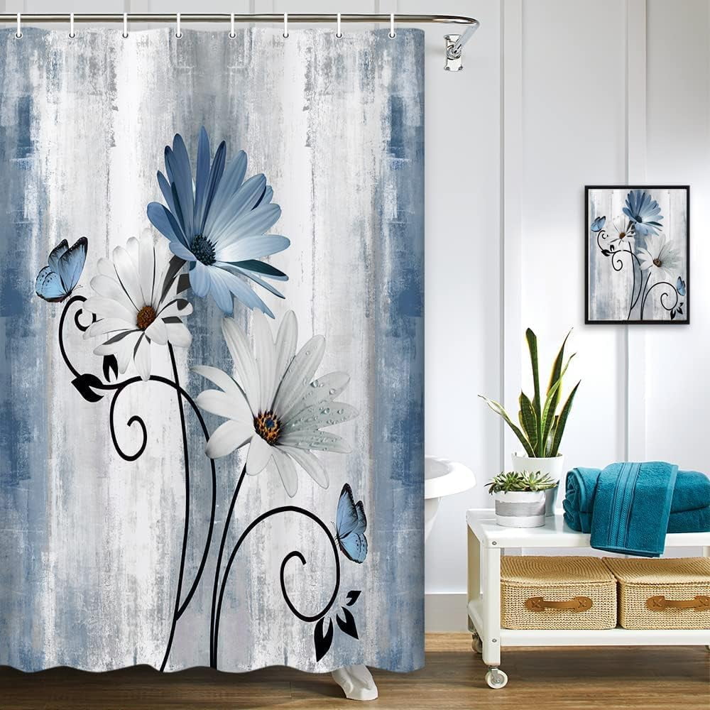 Rustic Farmhouse Shower Curtain, Farm Blue Daisy Floral Flowers and Butterfly on Country Wooden Shower Curtain for Bathroom, Turquoise Blue Bathroom Shower Curtains with 6PCS Hooks, 36X72IN