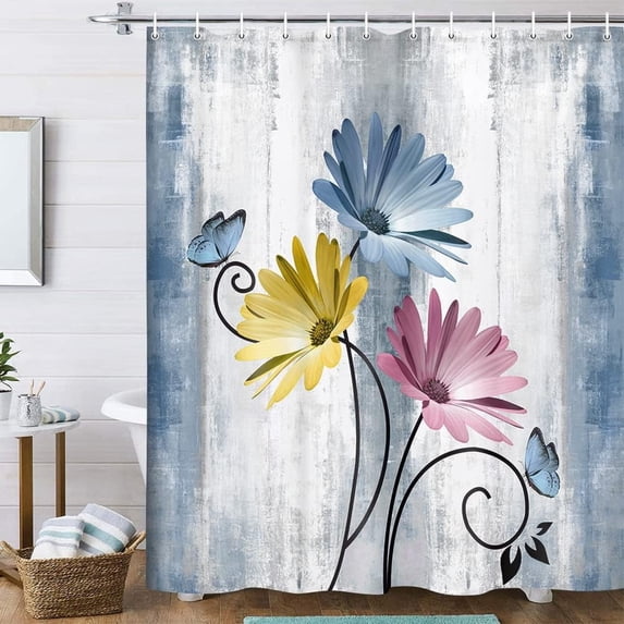 Rustic Farmhouse Shower Curtain, Farm Blue Daisy Floral Flowers and Butterfly on Country Wooden Shower Curtain for Bathroom, Turquoise Pink Yellow Bathroom Shower Curtains with 12PCS Hooks, 70X70IN