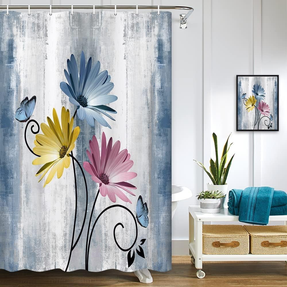 Rustic Farmhouse Shower Curtain, Farm Blue Daisy Floral Flowers and Butterfly on Country Wooden Shower Curtain for Bathroom, Turquoise Pink Yellow Bathroom Shower Curtains with 6PCS Hooks, 36X72IN