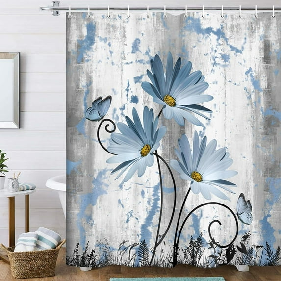 Rustic Farmhouse Shower Curtain, Farm Blue Grey Daisy Floral Flowers and Butterfly on Country Wooden Shower Curtain for Bathroom, Gray White Navy Blue Shower Curtain with 12PCS Hooks, 70X84IN
