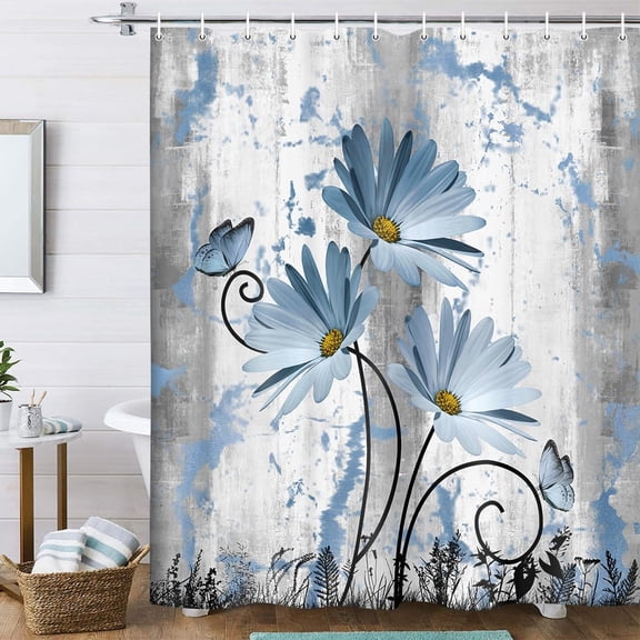 Rustic Farmhouse Shower Curtain, Farm Blue Grey Daisy Floral Flowers and Butterfly on Country Wooden Shower Curtain for Bathroom, Gray White Navy Blue Shower Curtain with Hooks, 47X64IN