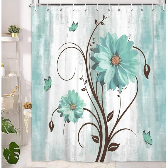 Rustic Farmhouse Shower Curtain, Farm Green Daisy Floral Flowers and Butterfly on Country Waterproof Fabric Bathroom Curtains, Vintage Green Flower Bathroom Shower Curtain with 12PCS Hooks, 70X70IN