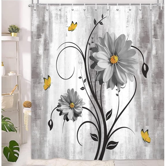 Rustic Farmhouse Shower Curtain, Farm Grey Daisy Floral Flowers and Butterfly on Country Waterproof Fabric Bathroom Curtains, Vintage Grey Flower Bathroom Shower Curtain with 12PCS Hooks, 72x72IN