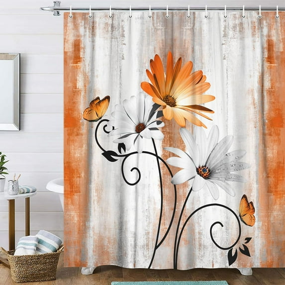 Rustic Farmhouse Shower Curtain, Farm Orange Daisy Floral Fall Flowers and Butterfly on Country Wooden Autumn Shower Curtain for Bathroom, Yellow Grey Gray Red Gold Curtain with 12PCS Hooks, 70X84IN