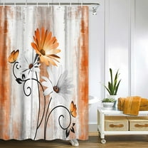 Rustic Farmhouse Shower Curtain, Farm Orange Daisy Floral Fall Flowers and Butterfly on Country Wooden Autumn Shower Curtain for Bathroom, Yellow Grey Gray Red Gold Curtain with 7PCS Hooks, 36X70IN