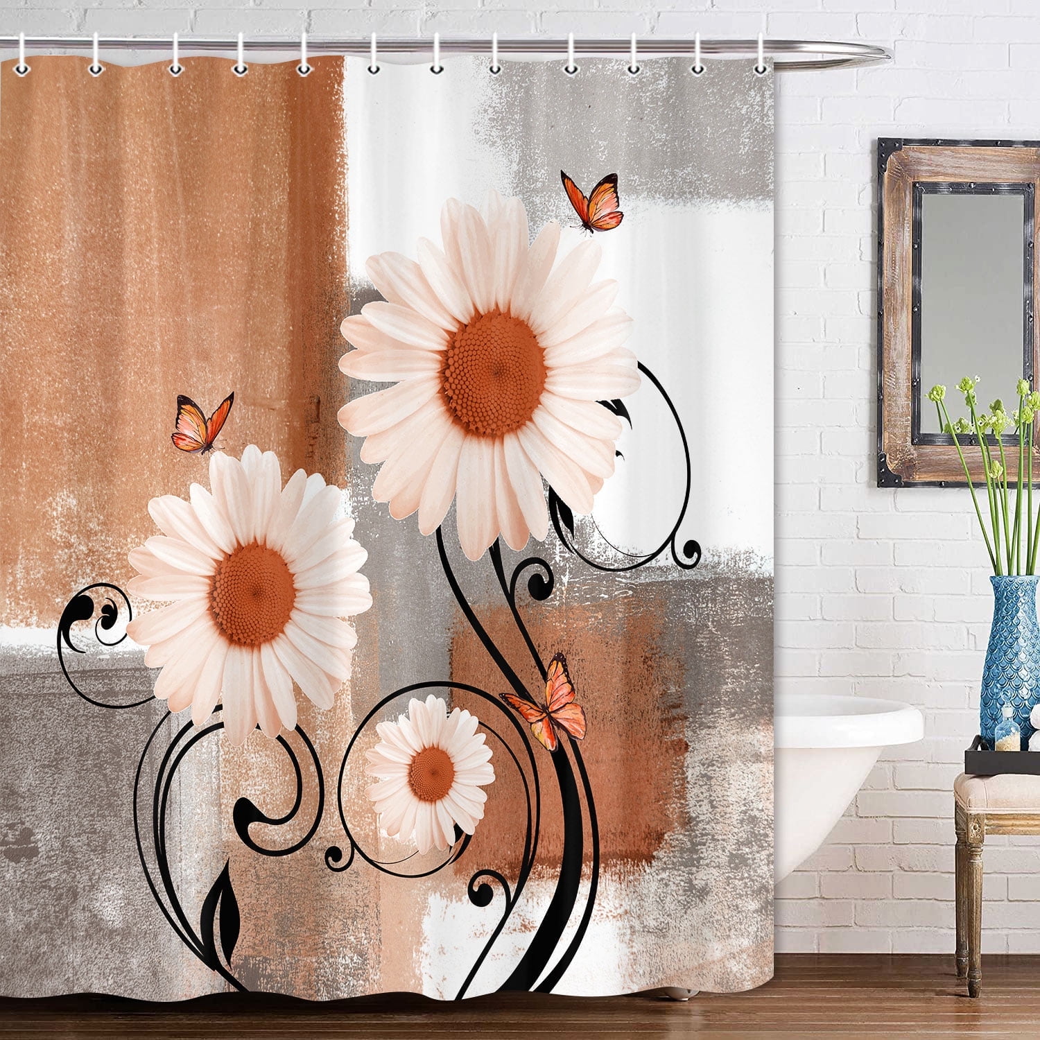 Rustic Farmhouse Shower Curtain,Farm Orange Daisy Floral Flowers and Butterfly on Country Wooden Shower Curtain for Bathroom,Orange Gray Shower Curtain with 12 Hooks,69X70in