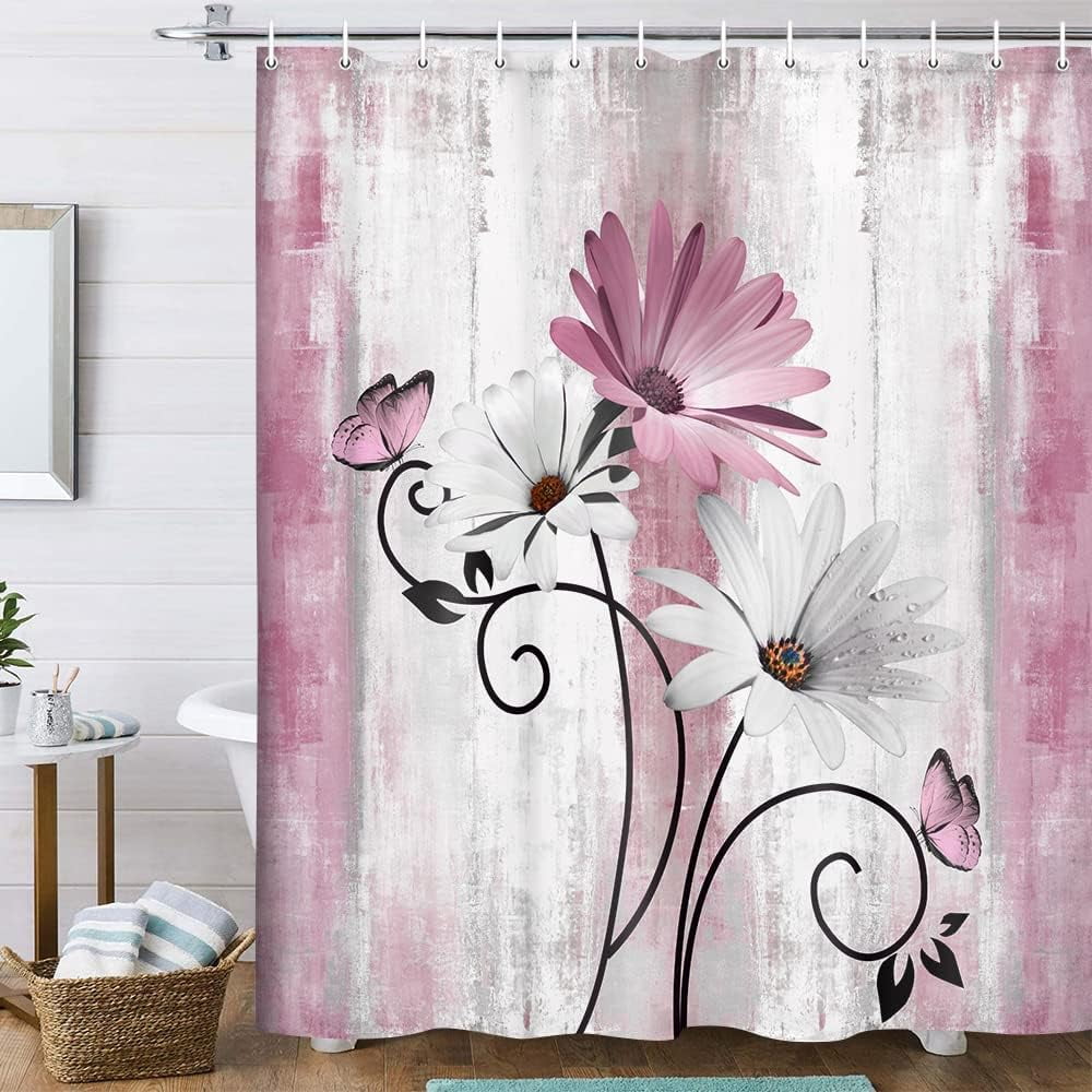 Rustic Farmhouse Shower Curtain, Farm Pink Daisy Floral Flowers and