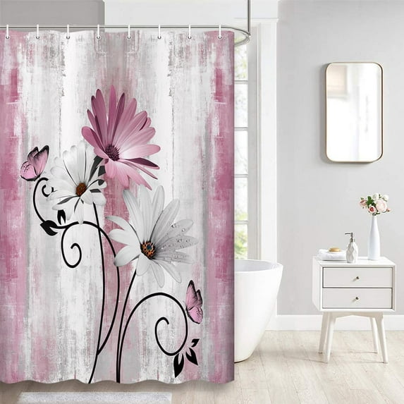Rustic Farmhouse Shower Curtain, Farm Pink Daisy Floral Flowers and Butterfly on Country Wooden Shower Curtain for Bathroom, Pink Grey Bathroom Shower Curtains with 6PCS Hooks, 36X70IN