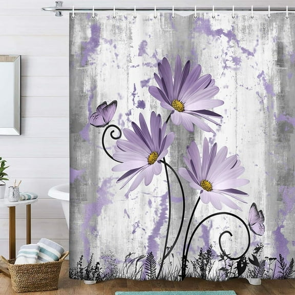 Rustic Farmhouse Shower Curtain, Farm Purple Grey Daisy Floral Flowers and Butterfly on Country Wooden Shower Curtain for Bathroom, Gray White Violet Shower Curtain with 12PCS Hooks, 70X70IN