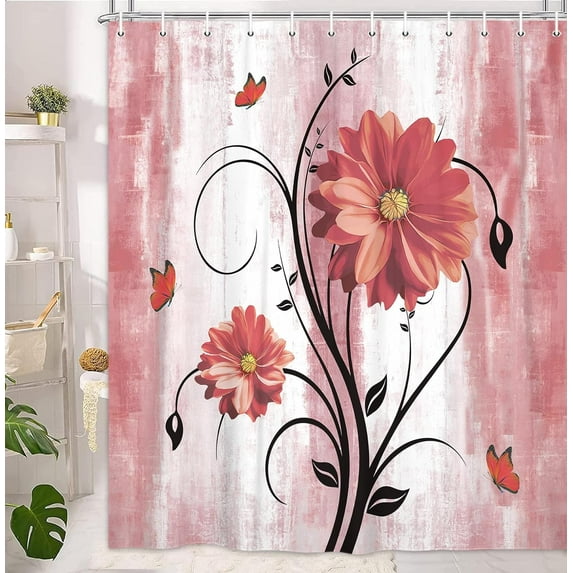 Rustic Farmhouse Shower Curtain, Farm Red Daisy Floral Flowers and Butterfly on Country Waterproof Fabric Bathroom Curtains, Vintage Red Flower Bathroom Shower Curtain with 12PCS Hooks, 60X70IN