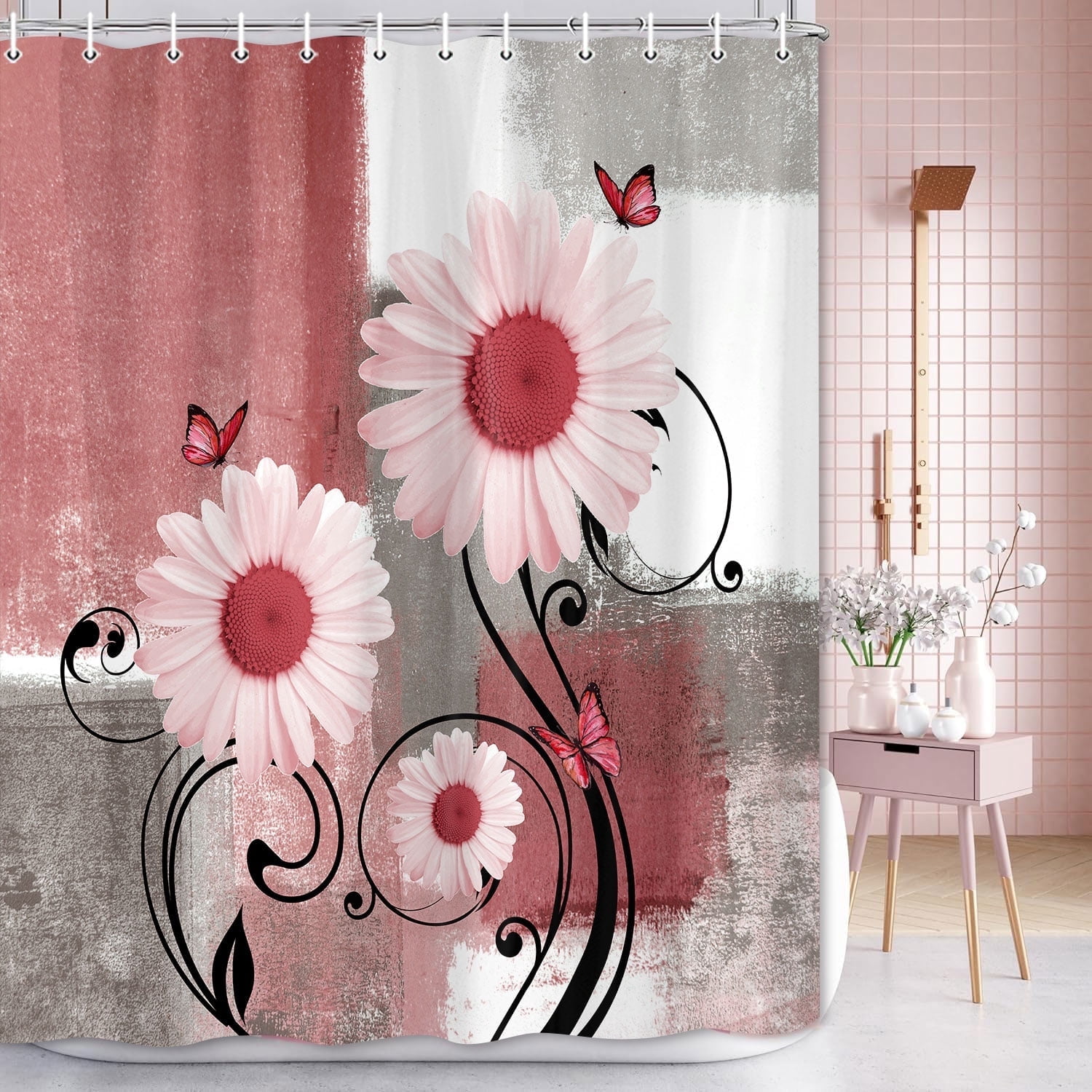 Rustic Farmhouse Shower Curtain Set | Red & Pink Daisy Floral with Butterflies, Waterproof Fabric & 12 Hooks, 60x70 Inches
