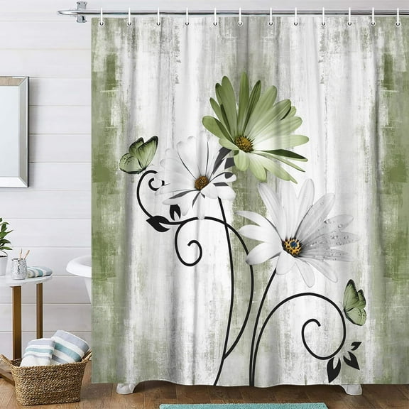 Rustic Farmhouse Shower Curtain, Farm Sage Green Daisy Floral Flowers and Butterfly on Country Wooden Forest Green Shower Curtain for Bathroom, Olive Green Shower Curtain with 12PCS Hooks, 70X70IN