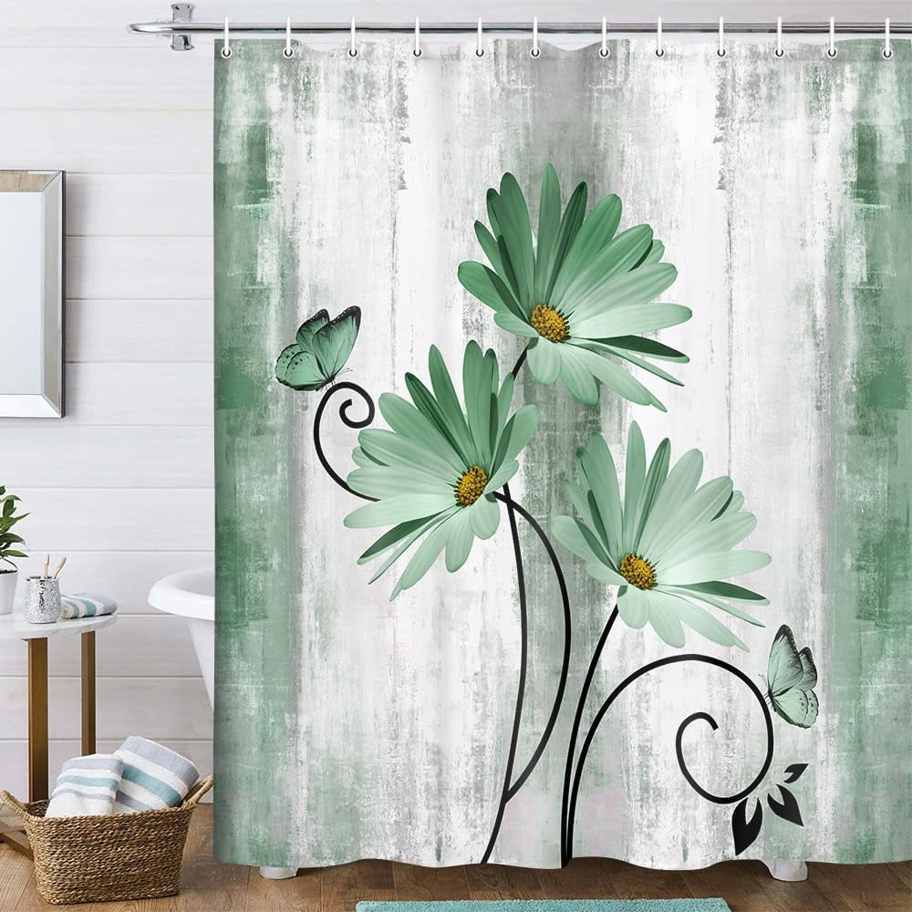 Rustic Farmhouse Shower Curtain, Farm Sage Green Daisy Floral Flowers and Butterfly on Country Wooden Shower Curtain for Bathroom, Turquoise Teal Gray Grey Shower Curtain with 12PCS Hooks, 72X84IN