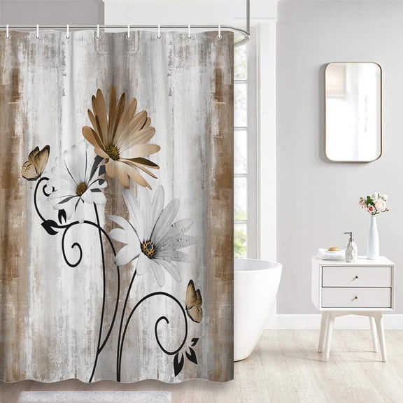 Rustic Farmhouse Shower Curtain, Farm Tan Cream Daisy Floral Flowers and Butterfly on Country Wooden Shower Curtain for Bathroom, Beige Brown Shower Curtain with Hooks, 36X70IN
