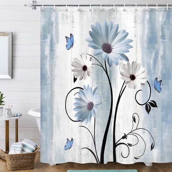 Rustic Farmhouse Shower Curtain, Farm Teal Daisy Floral Flowers Bath Curtains, Country Wooden Butterfly Turquoise Fabric Bathroom Decor Set with Hooks 36X72