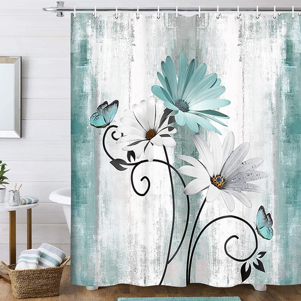 Rustic Farmhouse Shower Curtain, Farm Teal Daisy Floral Flowers and Butterfly on Country Wooden Shower Curtain for Bathroom, Turquoise Blue with 12PCS Hooks, 72X72IN
