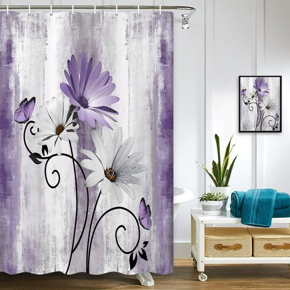 Rustic Farmhouse Shower Curtain, Farm Teal Daisy Floral Flowers and Butterfly on Country Wooden Shower Curtain for Bathroom, Turquoise Blue Bathroom Shower Curtains with 6PCS Hooks, 36X70IN