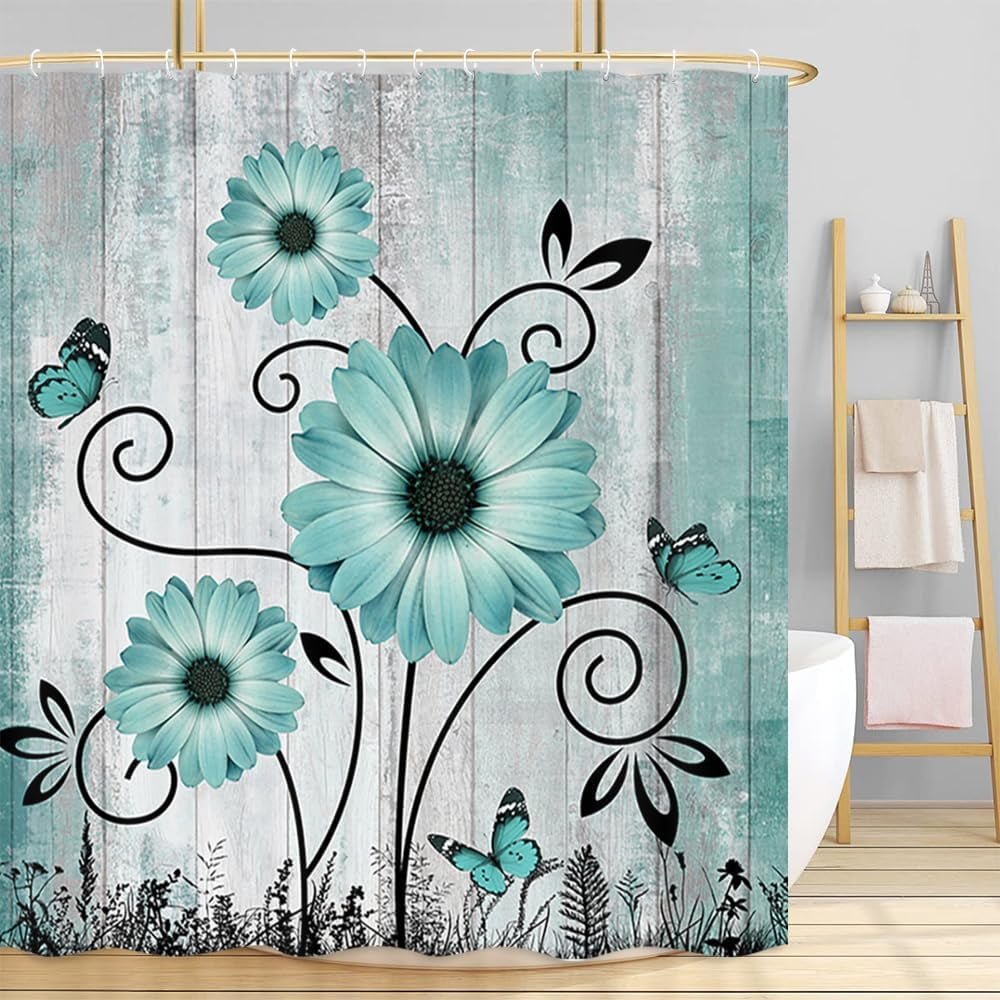 Rustic Farmhouse Shower Curtain, Farm Teal Daisy Flowers Butterfly on