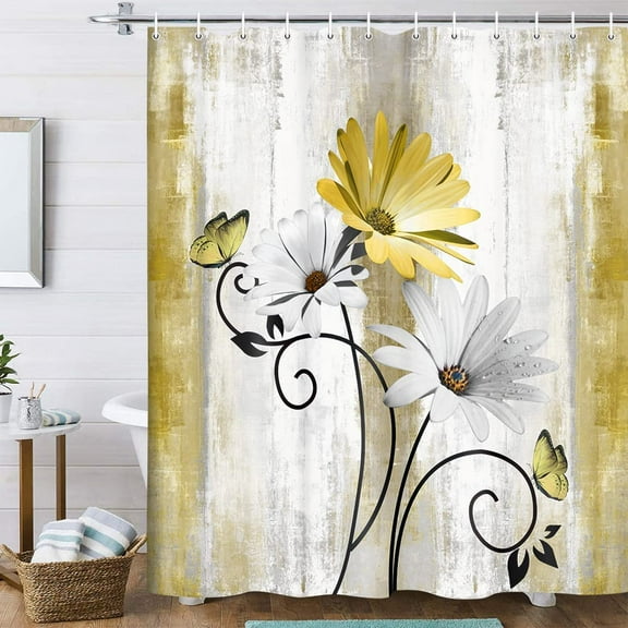 Rustic Farmhouse Shower Curtain, Farm Yellow Daisy Floral Flowers and Butterfly on Country Wooden Shower Curtain for Bathroom, Yellow Bathroom Shower Curtains with 12PCS Hooks, 70X84IN