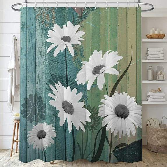 Rustic Farmhouse Shower Curtain,Floral Shower Curtains Sets for Bathroom,Retro Country Teal Wooden Barn Board Waterproof Fabric Stall Bath Curtain with 12 Hooks 72x72in