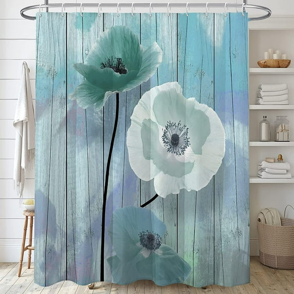 Rustic Farmhouse Shower Curtain,Floral Shower Curtains Sets for Bathroom,Retro Country Teal Wooden Barn Board Waterproof Fabric Stall Bath Curtain with 12 Hooks 72x72in