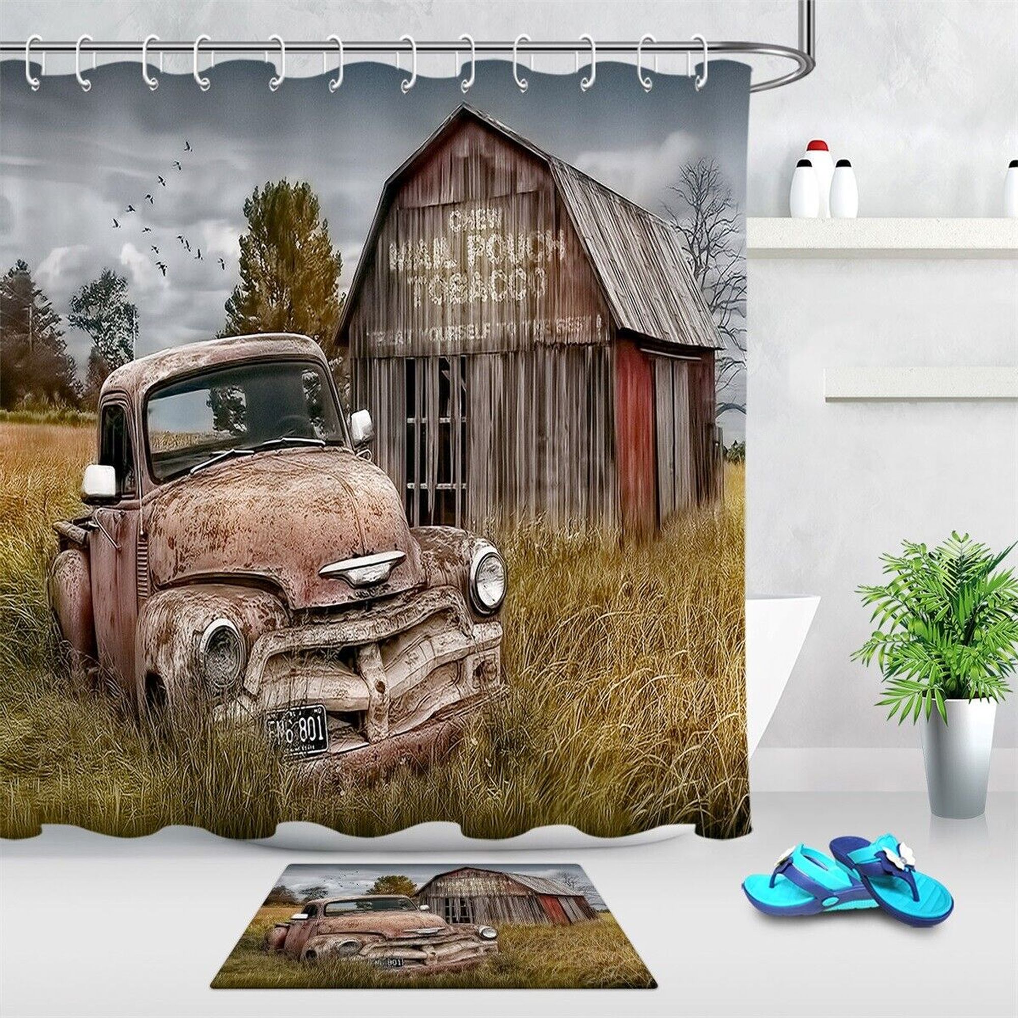Rustic Farmhouse Shower Curtain & Hooks Set Vintage Barnyard Bathroom