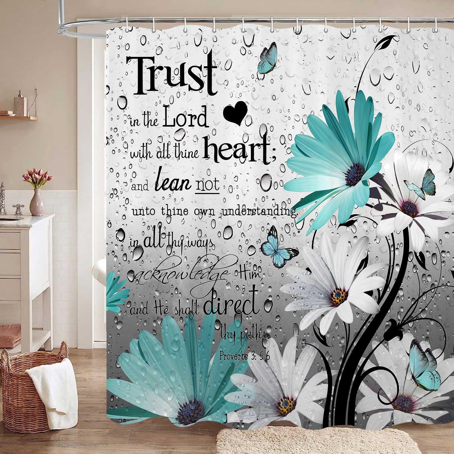 Rustic Note Paper Background Rustic Farmhouse Shower Curtain with Hooks, Teal Daisy Floral Bathroom ...