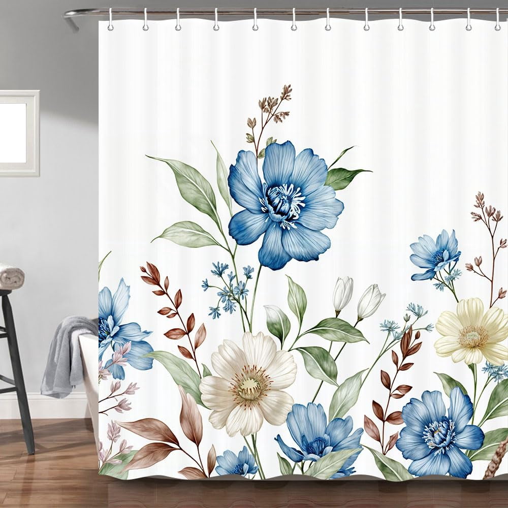 Rustic Note Paper Background Rustic Farmhouse Shower Curtain with Hooks, Teal Daisy Floral Bathroom ...