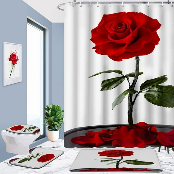 Rustic Farmhouse Shower Curtain Set 4pcs Farm Floral Bathroom Decor Set with Shower Curtain and Rugs and Accessories Flower on Country Wooden Bathroom Curtain with 12 Hooks