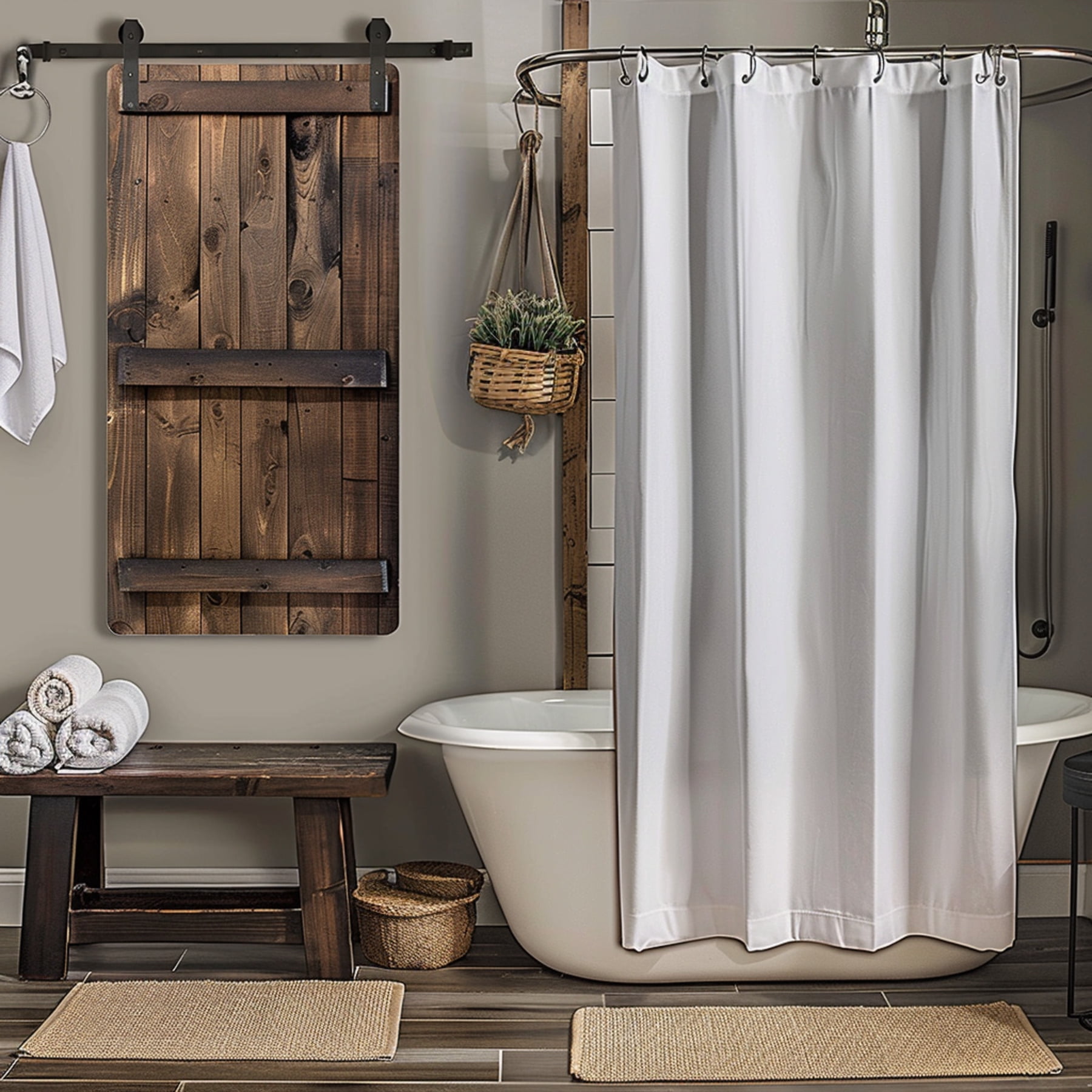 Rustic Farmhouse Shower Curtain Set Vintage Style Bathroom Decor with Dark Wood Barn Door Design ...