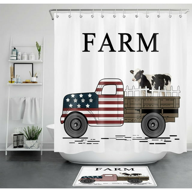 Rustic Farmhouse Shower Curtain Set with Cow and Truck Design Perfect