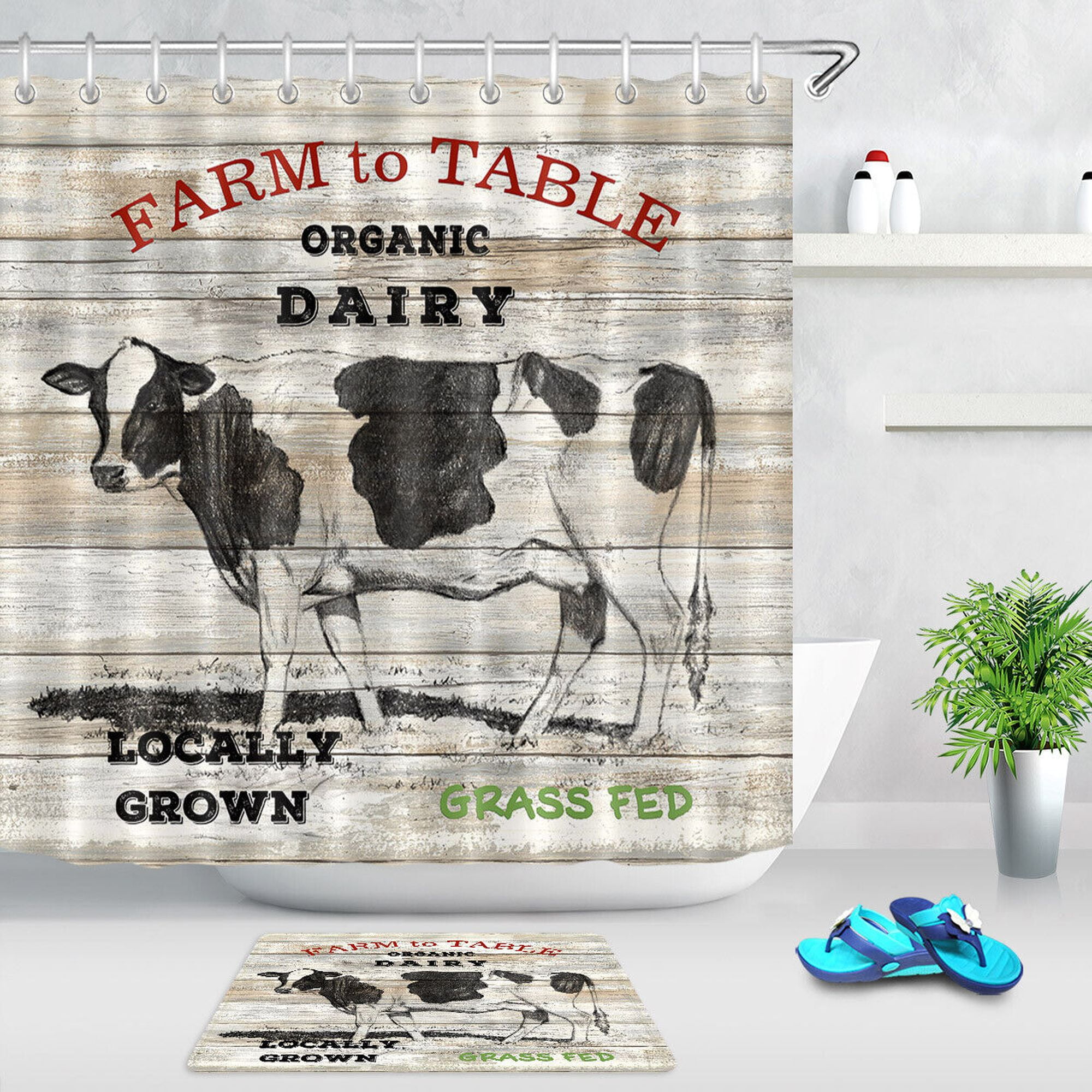 Rustic Farmhouse Shower Curtain Set with Fabric - Vintage Cow and Barn Design for Bathroom Decor ...