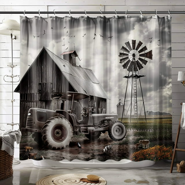 Rustic Farmhouse Shower Curtain Set with Vintage Tractor and Windmill Scene Industrial Style