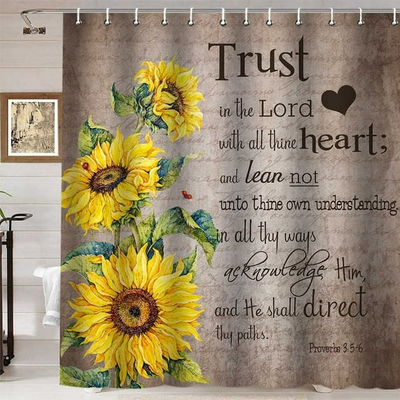 Rustic Farmhouse Shower Curtain, Spring Flowers Vintage Yellow Sunflower Red Ladybug Positive Inspirational Quotes Country Bathroom Decor, Waterproof Fabric Brown Shower Curtain, 72 X 72 Inch