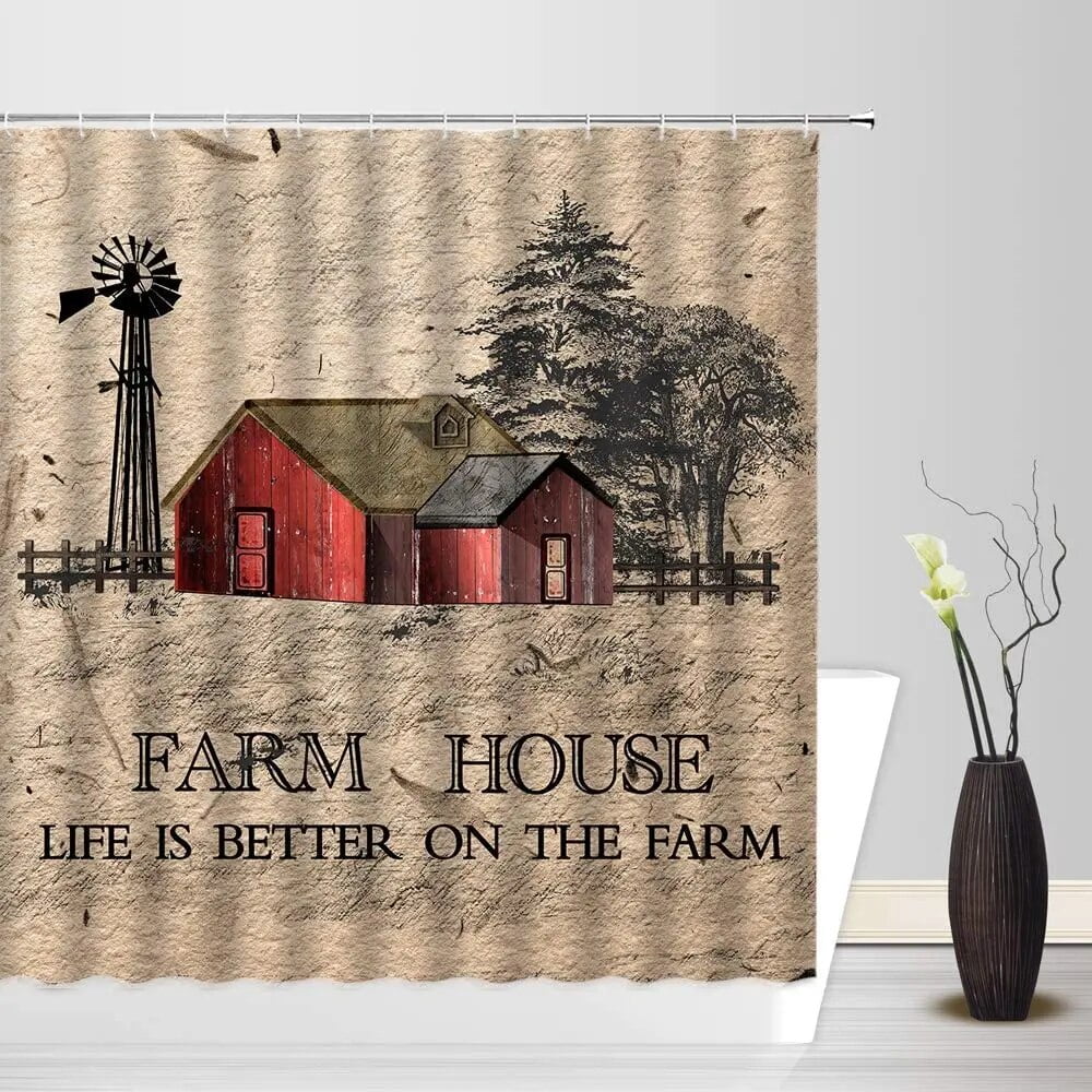 Rustic Farmhouse Shower Curtain Vintage Old Windmill Tree Tree Vintage Teal Wooden Board Black