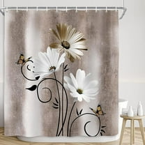 Rustic Farmhouse Shower Curtain, White Daisy Floral Flowers Butterfly Brown Wooden Abstract Bathroom Accessory Set, Polyester Fabric Waterproof Bath Curtain With 12 Hooks 36"W x 72"L