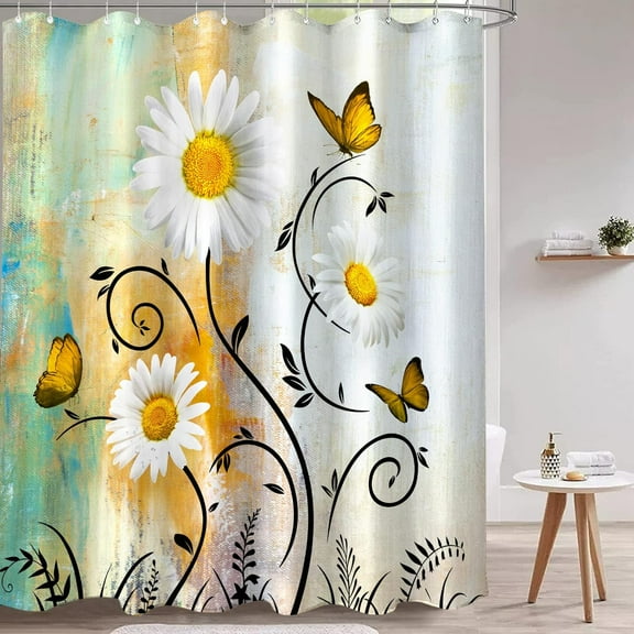 Rustic Farmhouse Shower Curtain White Daisy Floral Orange Waterproof Fabric Shower Curtains for Bathroom Flower Yellow Butterfly Bath Curtain Decor with Hooks (Yellow, 72'''' x 72'''')