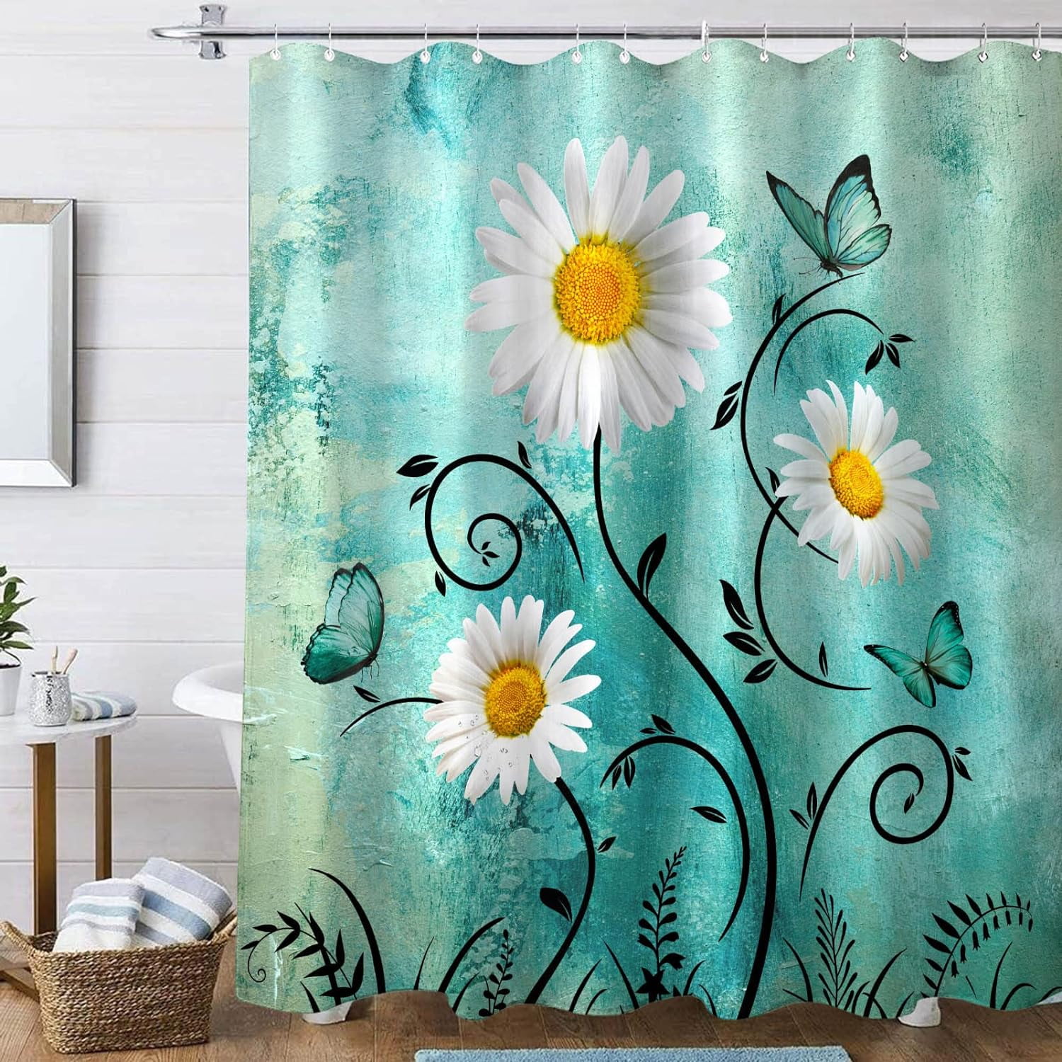 Rustic Farmhouse Shower Curtain White Daisy Floral Turquoise Waterproof Fabric Shower Curtains for Bathroom Flower Teal Butterfly Bath Curtain Decor with Hooks (Dark Teal, 72'''' x 72'''')