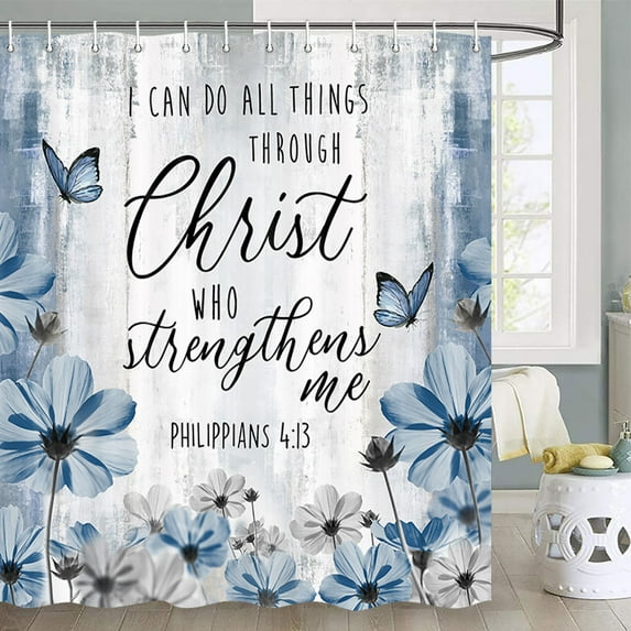 Rustic Farmhouse Shower Curtaini, Blue Teal Butterfly Cotton Flower Inspirational Quotes Chic Country Shower Curtain for Bathroom, Bible Verse Scripture Quotes Bath Curtain Set with Hooks, 70X70inch
