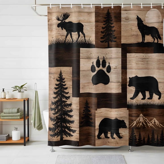 Rustic Farmhouse Shower Curtains for Bathroom, Vintage Wildlife Bear Paw Pine Trees Wooden Waterproof Fabric Shower Curtain, Decorative Bathroom Curtain for Bathtub, 36"x72", No Hooks Included
